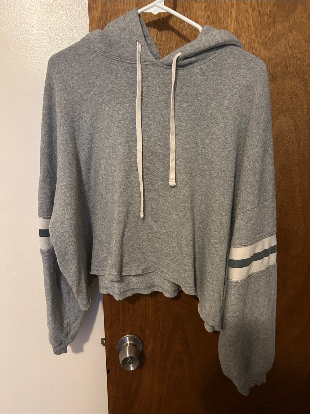 American Eagle Outfitters Grey Cropped Hoodie with Stripe Sleeves